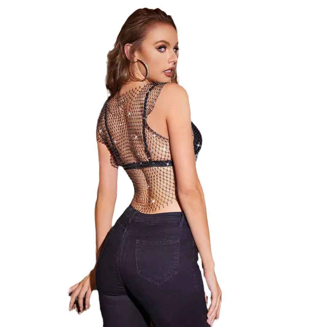 Net Drill Rhinestone Women's Clothing Short Sleeve Vest - VEX CLUB HOUSE