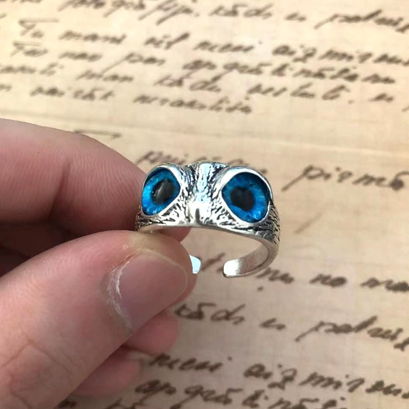Plain Silver Retro Blue Glasses Owl Jewelry Ring Men And Women Design Owl Ring V E X C L U B H O U S E