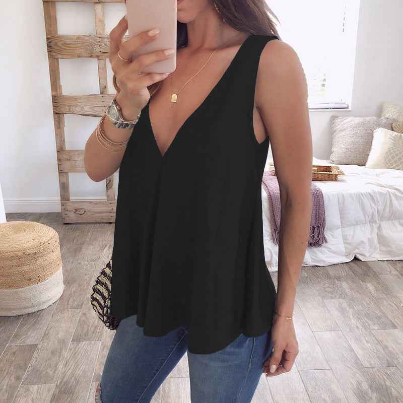 Deep V-shaped Loose Solid Color Sleeveless T-shirt - VEX CLUB HOUSE