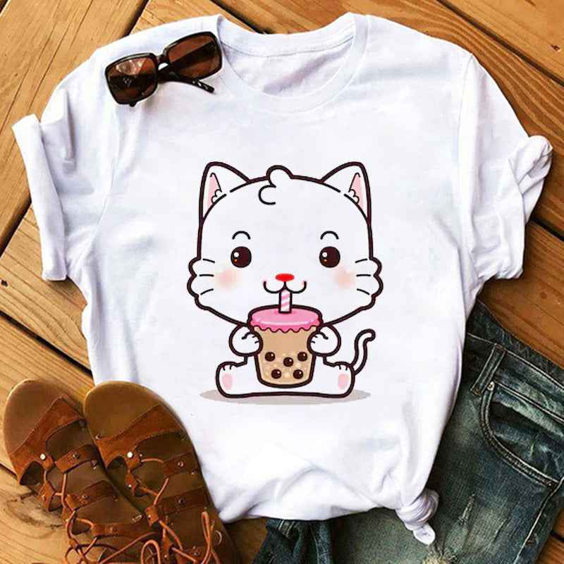 New Cute Milk Tea Print Short Sleeve Women - VEX CLUB HOUSE