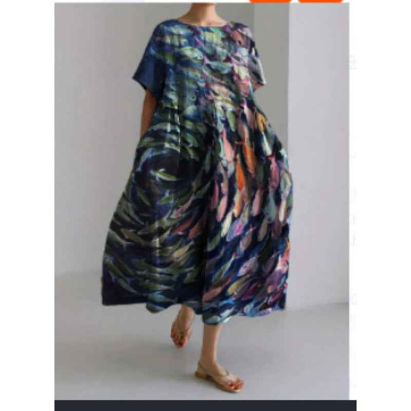 Women's Loose Round Neck Fashion Premium Short Sleeve Printed Dress - VEX CLUB HOUSE