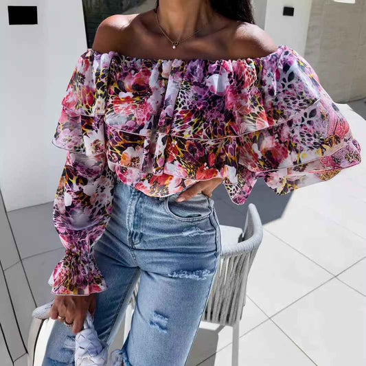 Fashionable Off-shoulder Print Blouse With A Boat Neckline - VEX CLUB HOUSE