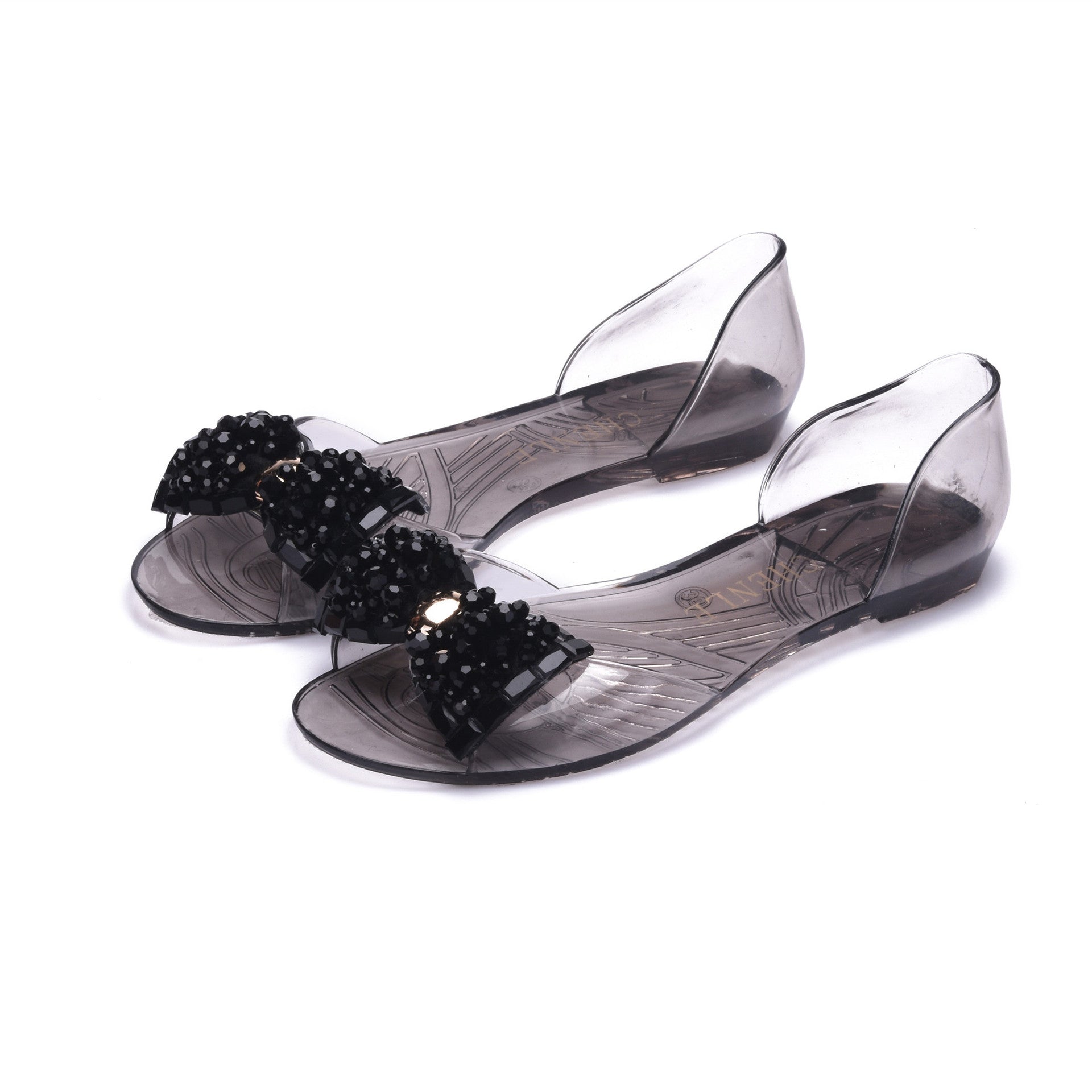 Heli Shark New Transparent Sandals Women's Summer Flat Jelly Shoes Glass Drill Bow Fashion Shoes Plastic Peep Toe Shoes - VEX CLUB HOUSE