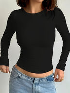 2 Packs of Elegant Solid Color Crew Neck Slim Fit Long Sleeve T-Shirts for Women V E X C L U B H O U S E