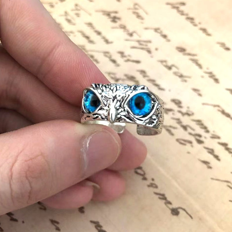 Plain Silver Retro Blue Glasses Owl Jewelry Ring Men And Women Design Owl Ring V E X C L U B H O U S E
