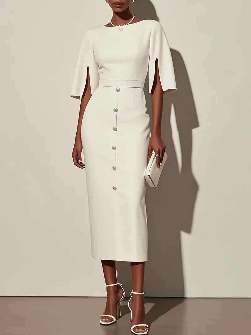 Summer Solid-Color Crew-Neck Defined-Waist Dress With Slit And Buttons - VEX CLUB HOUSE