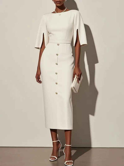 Summer Solid-Color Crew-Neck Defined-Waist Dress With Slit And Buttons - VEX CLUB HOUSE