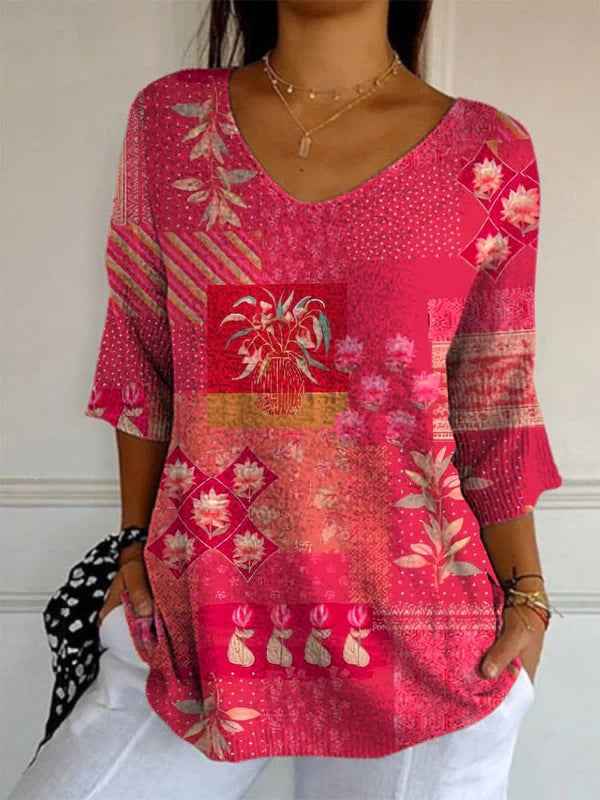 Elegant Retro Womens Casual Floral Print V-Neck Long-Sleeve Top - VEX CLUB HOUSE