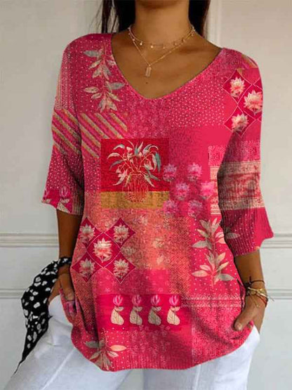Elegant Retro Womens Casual Floral Print V-Neck Long-Sleeve Top - VEX CLUB HOUSE