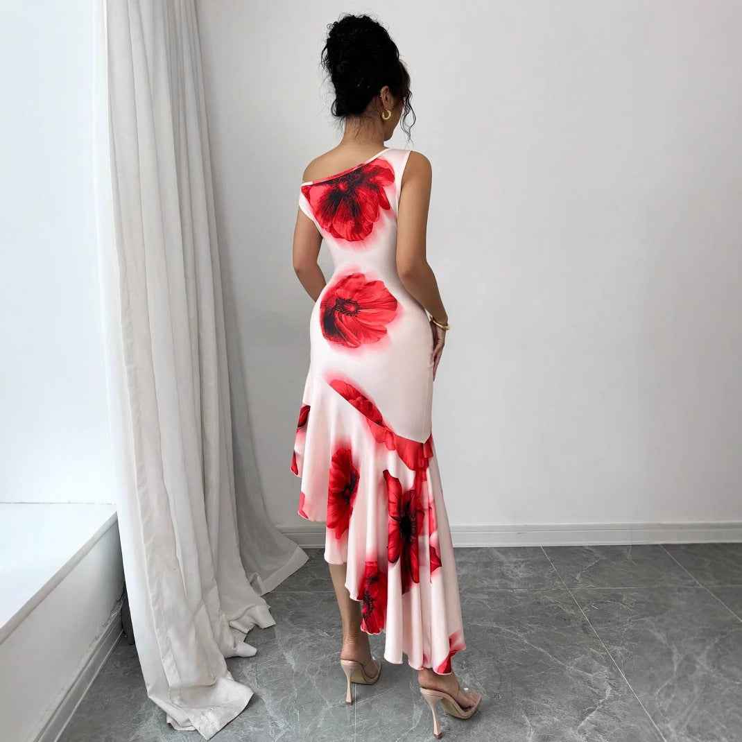 Elegant Asymmetrical Figure-flattering Dress With A Strategically Placed Hibiscus Floral Print - VEX CLUB HOUSE