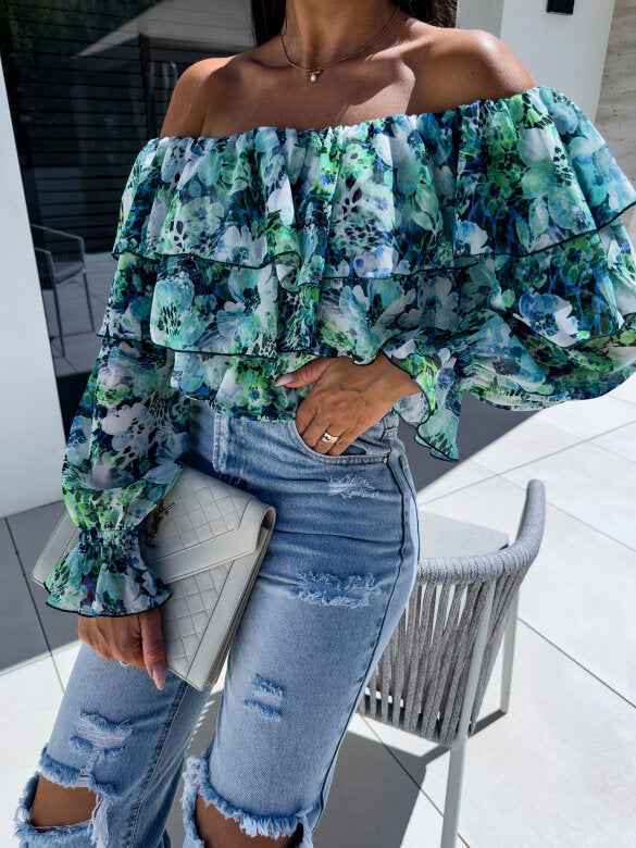 Fashionable Off-shoulder Print Blouse With A Boat Neckline - VEX CLUB HOUSE