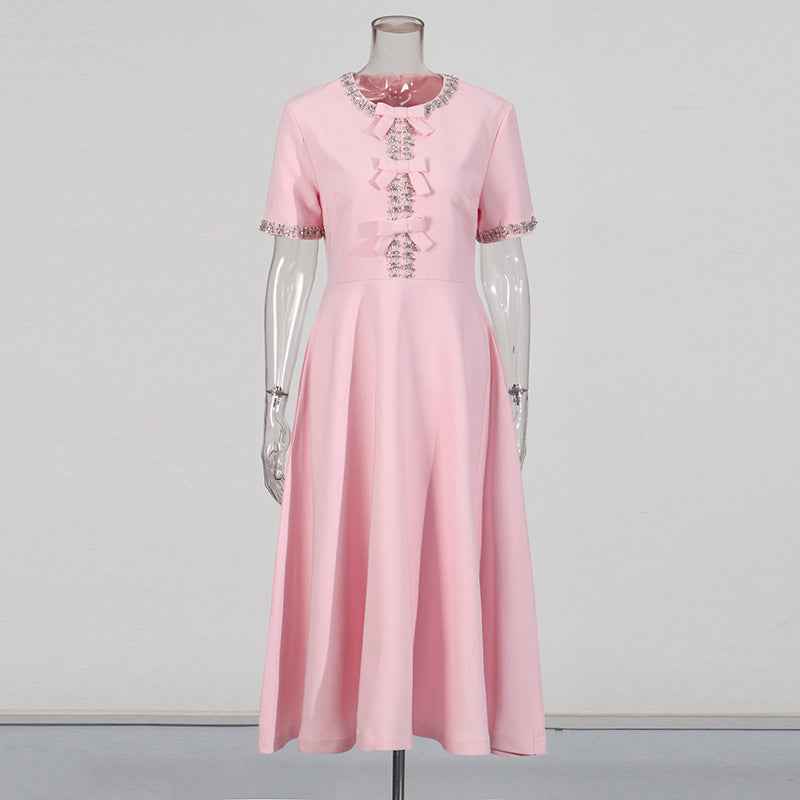 New Stylish Long Dress With A Round Neckline Bow Detail And Patchwork Design - VEX CLUB HOUSE