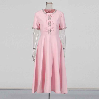 New Stylish Long Dress With A Round Neckline Bow Detail And Patchwork Design - VEX CLUB HOUSE