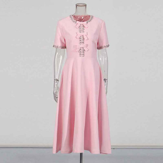New Stylish Long Dress With A Round Neckline Bow Detail And Patchwork Design - VEX CLUB HOUSE