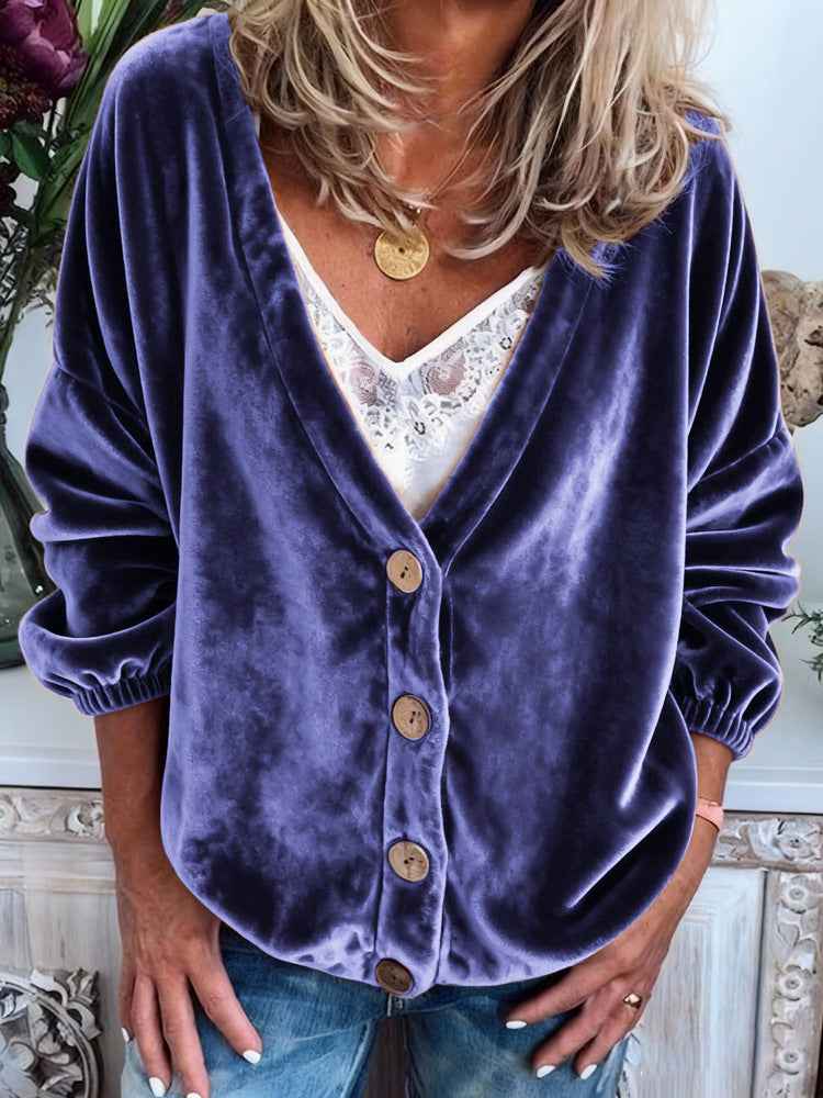 Womens Casual V-neck Long-sleeve Solid-color Cardigan Top - VEX CLUB HOUSE