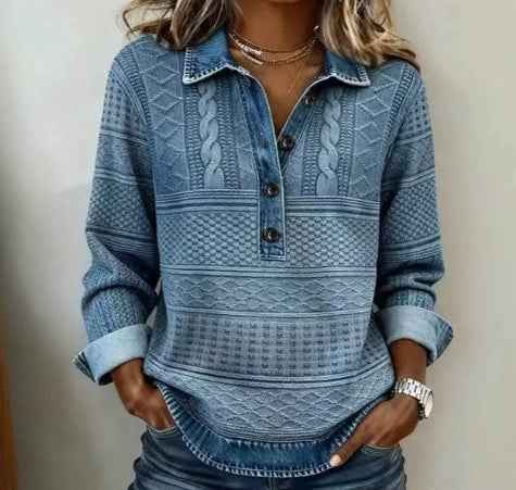 Womens Retro Printed Stand Collar Long-Sleeve Top - VEX CLUB HOUSE
