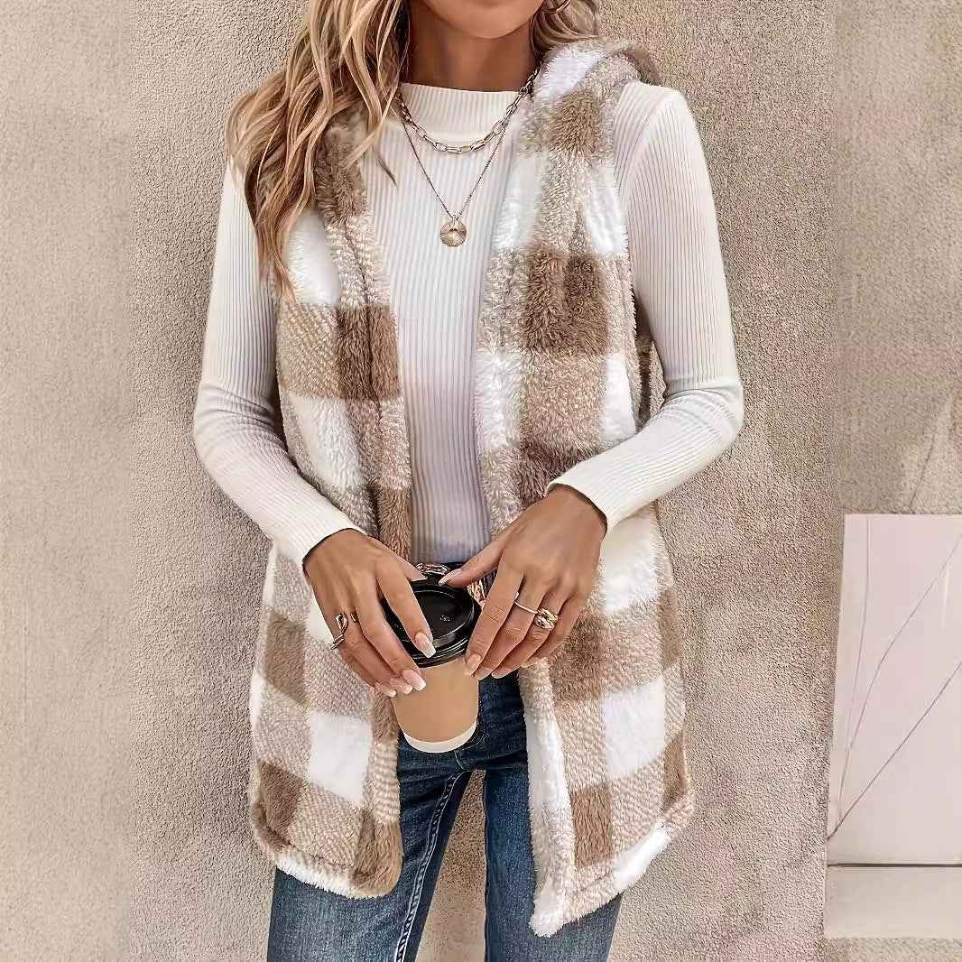 Fashion Elegant Cardigan Two-tone Plaid Hooded Women's Plush Vest Coat - VEX CLUB HOUSE