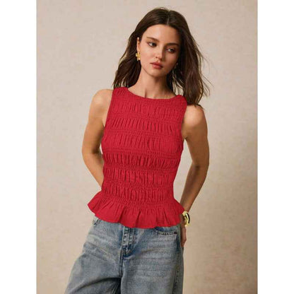 Womens Solid-Color Pleated Crew-Neck Casual Tank Top - VEX CLUB HOUSE