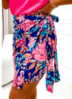Blue Floral Print Lace-up High Waist Bodycon Mini Skirt - VEX CLUB HOUSE