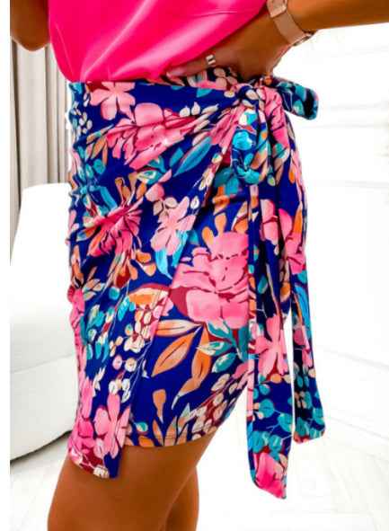 Blue Floral Print Lace-up High Waist Bodycon Mini Skirt - VEX CLUB HOUSE