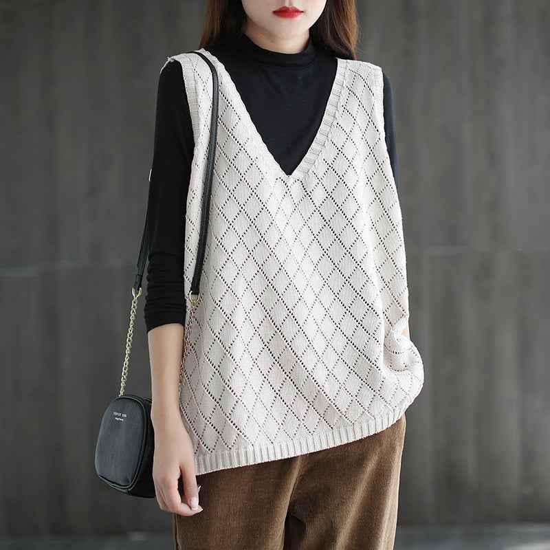 Womens Retro Loose-Neck Hollow-Out Knitted Vest - VEX CLUB HOUSE