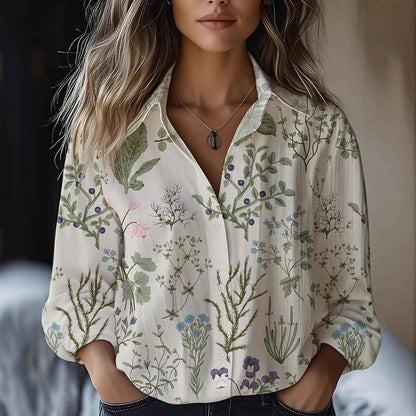 Floral-print Long-sleeve Shirt Delicate Linen Casual Blouse - VEX CLUB HOUSE