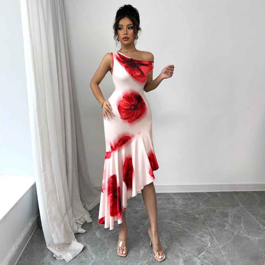 Elegant Asymmetrical Figure-flattering Dress With A Strategically Placed Hibiscus Floral Print - VEX CLUB HOUSE