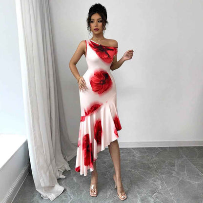 Elegant Asymmetrical Figure-flattering Dress With A Strategically Placed Hibiscus Floral Print - VEX CLUB HOUSE