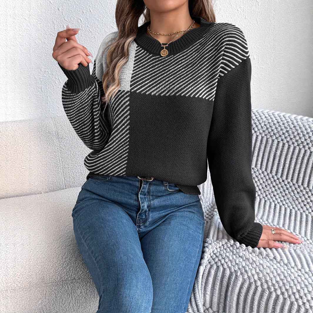 Casual Color-Block Plaid Long-Sleeve Pullover Sweater - VEX CLUB HOUSE