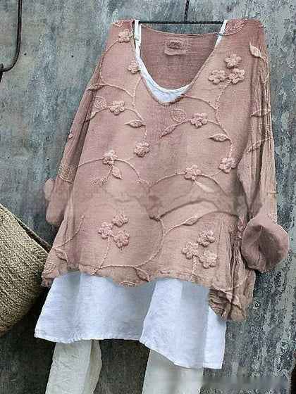 Womens Embroidered Loose Linen Top With Long Sleeves - VEX CLUB HOUSE