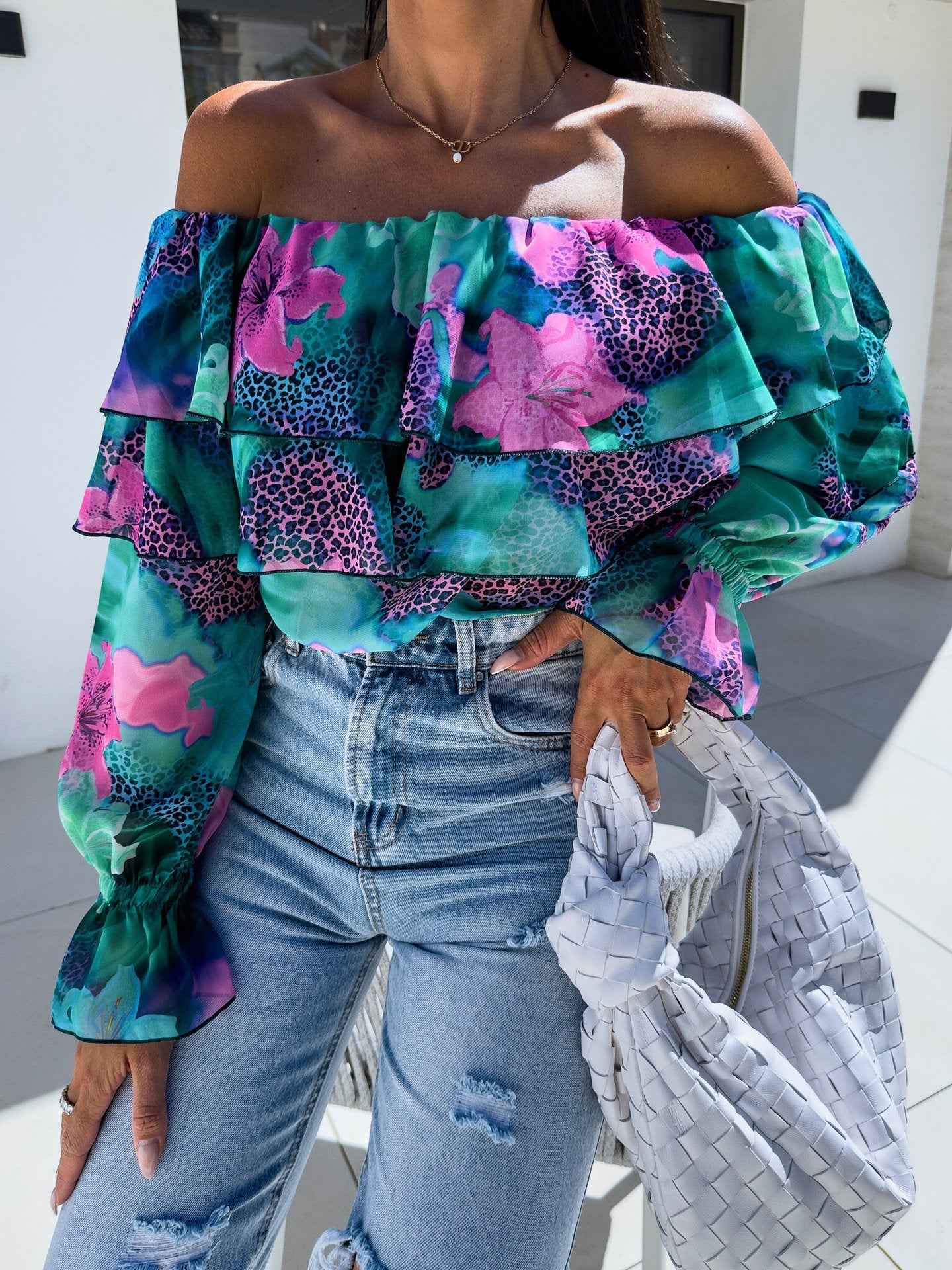 Fashionable Off-shoulder Print Blouse With A Boat Neckline - VEX CLUB HOUSE