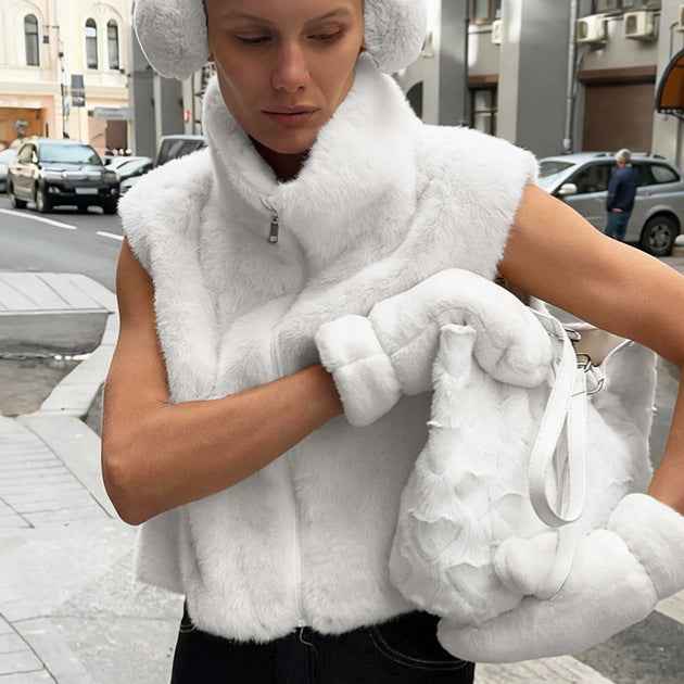 Faux Fur Stand Collar Sleeveless Top Cardigan Solid Color Zipper Vest Women's Vest - VEX CLUB HOUSE
