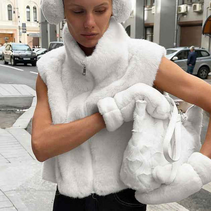 Faux Fur Stand Collar Sleeveless Top Cardigan Solid Color Zipper Vest Women's Vest - VEX CLUB HOUSE