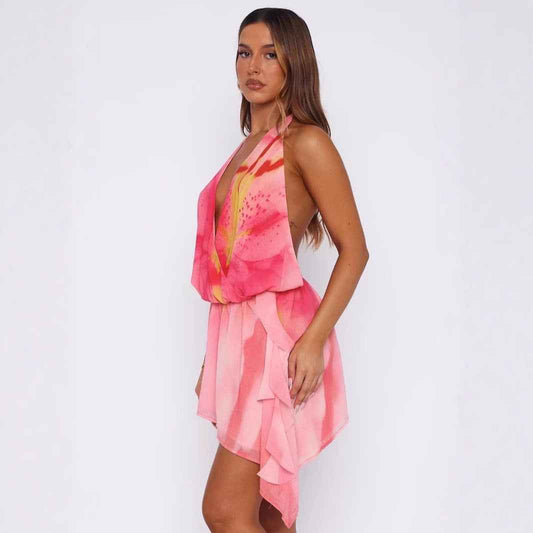 Sexy Halterneck Off-Shoulder Irregular Print Dress - VEX CLUB HOUSE