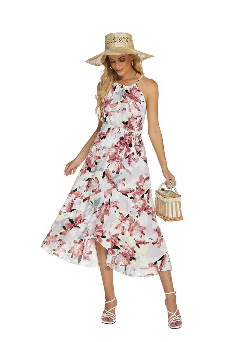 Fashionable Printed Halterneck Sleeveless Lace-Up Dress - VEX CLUB HOUSE