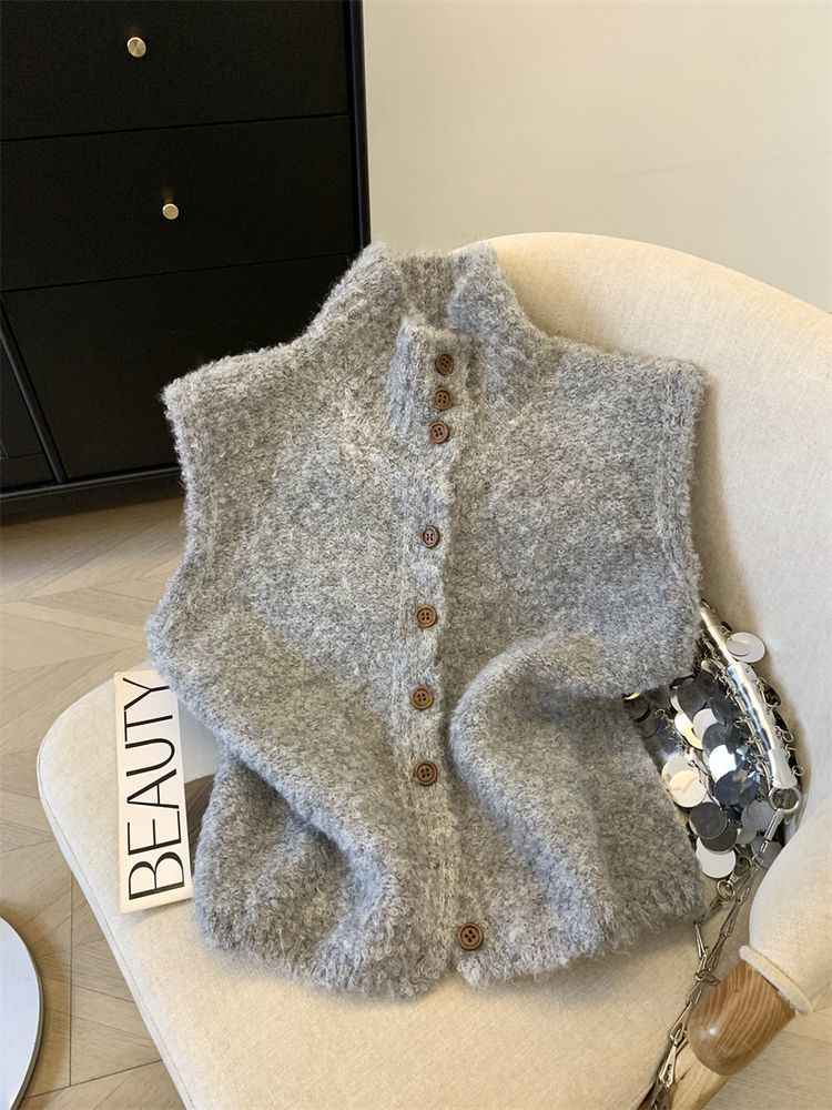 Korean-style Refined High-neck Single-breasted Solid Color Knitted Vest - VEX CLUB HOUSE
