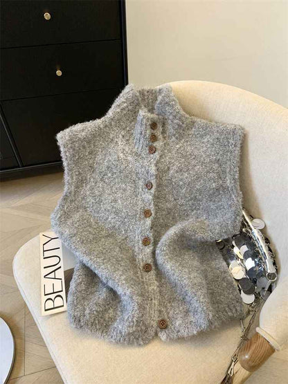 Korean-style Refined High-neck Single-breasted Solid Color Knitted Vest - VEX CLUB HOUSE