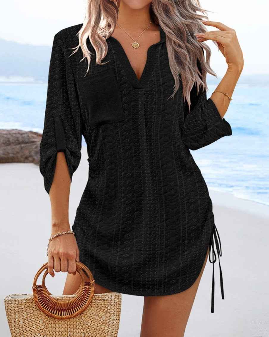 Womens Solid-Color Hollowed-Out Side-Pleated Tie-Detail Dress - VEX CLUB HOUSE