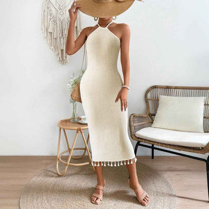 Womens Solid-Color Fashion Tassel Halterneck Lace-Up Dress - VEX CLUB HOUSE