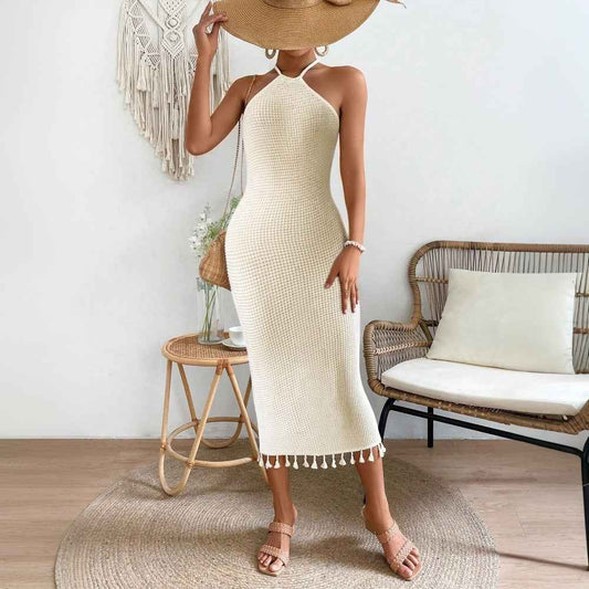 Womens Solid-Color Fashion Tassel Halterneck Lace-Up Dress - VEX CLUB HOUSE