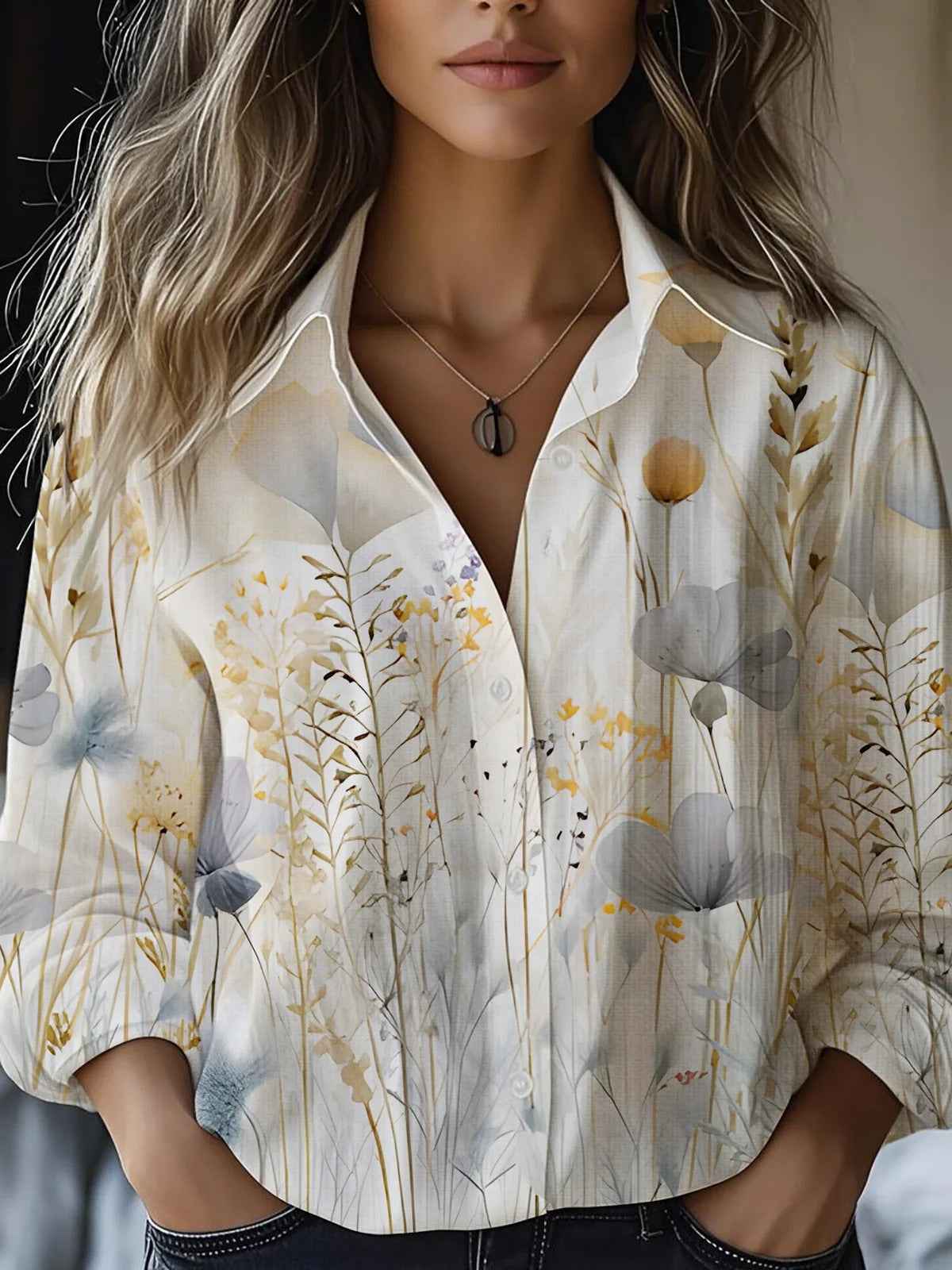 Floral-print Long-sleeve Shirt Delicate Linen Casual Blouse - VEX CLUB HOUSE