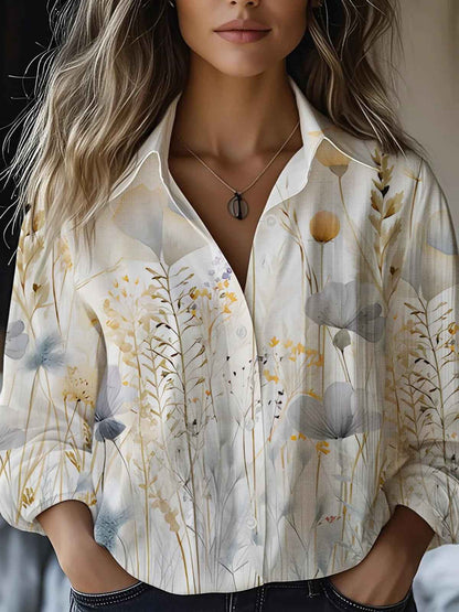 Floral-print Long-sleeve Shirt Delicate Linen Casual Blouse - VEX CLUB HOUSE