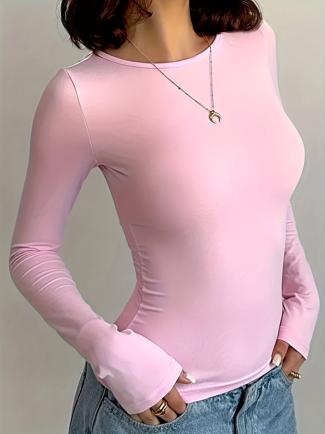 2 Packs of Elegant Solid Color Crew Neck Slim Fit Long Sleeve T-Shirts for Women V E X C L U B H O U S E