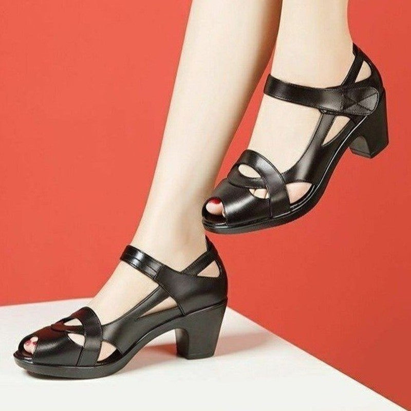 Women's Thick Bottom Soft Bottom Mid Heel Chunky Heel Peep Toe Sandals - VEX CLUB HOUSE