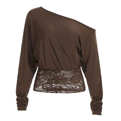 Womens Sexy Off-Shoulder Cropped Top With Hollowed-Out Lace Panels - VEX CLUB HOUSE