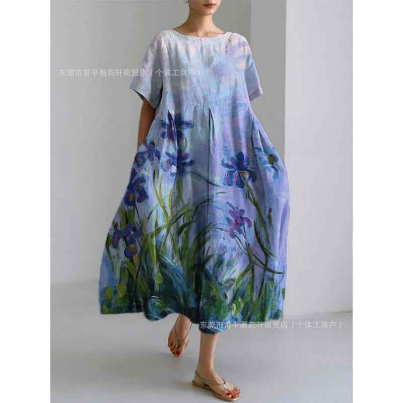 Women's Loose Round Neck Fashion Premium Short Sleeve Printed Dress - VEX CLUB HOUSE