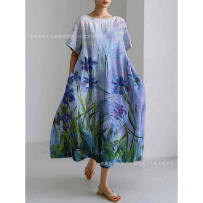 Women's Loose Round Neck Fashion Premium Short Sleeve Printed Dress - VEX CLUB HOUSE