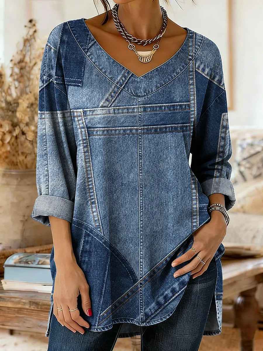 Retro Botanical Print Relaxed-fit Long-sleeve Casual Top - VEX CLUB HOUSE