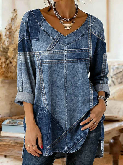 Retro Botanical Print Relaxed-fit Long-sleeve Casual Top - VEX CLUB HOUSE