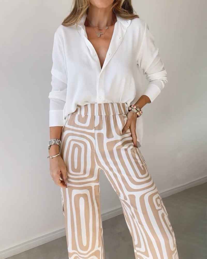 Women's Casual Long-sleeved Lapel Shirt Printed Wide-leg Pants Suit - VEX CLUB HOUSE